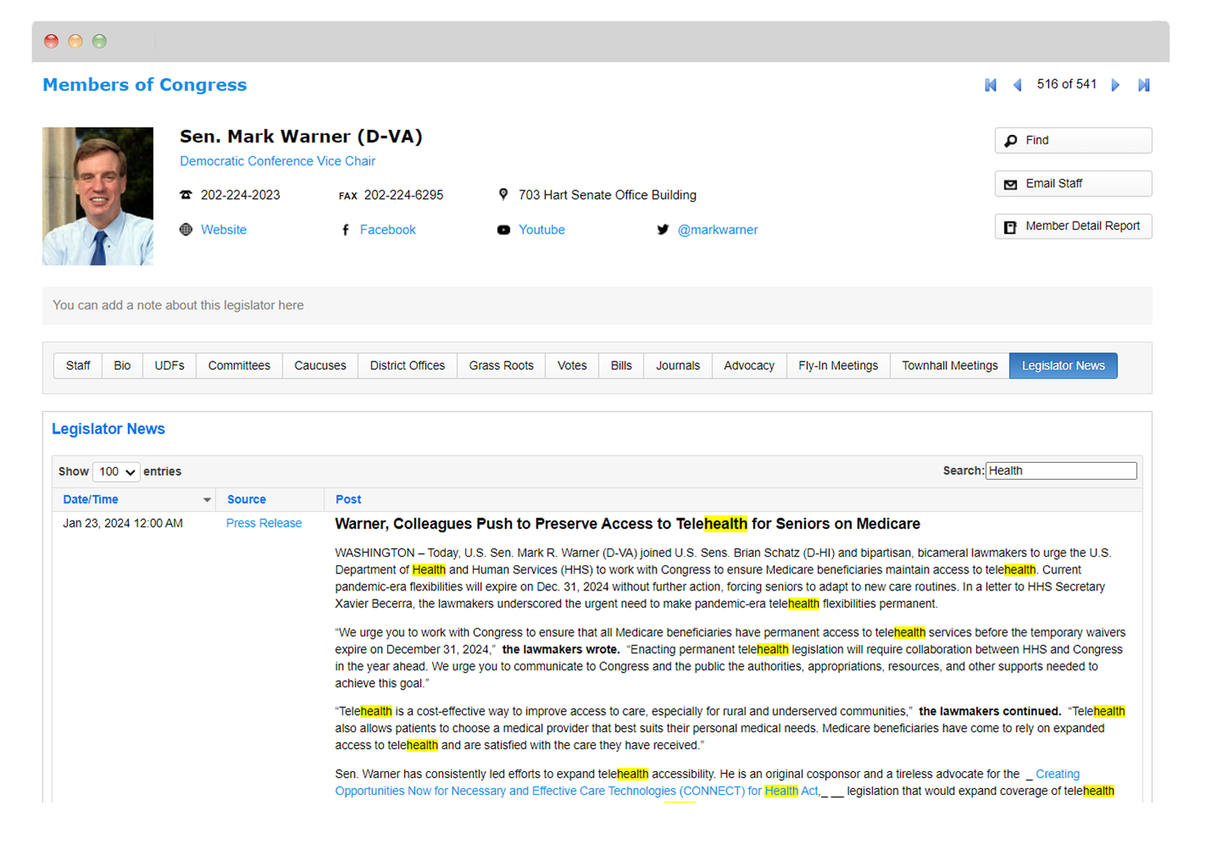 legislator profile with news